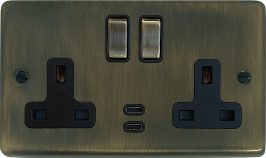 Contour Antique Brass 2 Gang Socket with USBC (Brass Switches)