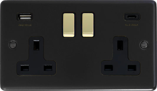 Contour Flat Black 2 Gang USBC Socket (Brass Switches)