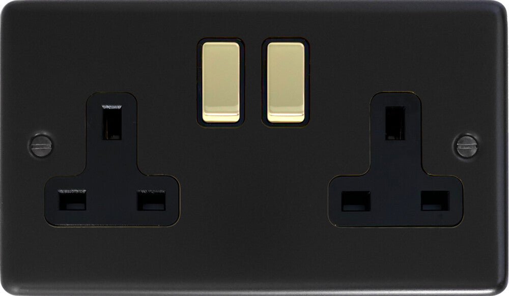 Contour  Flat Black  2 Gang Socket (Brass Switches)