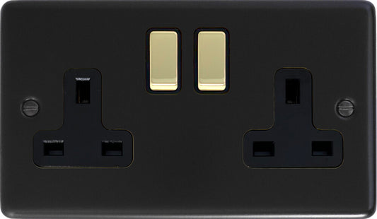 Contour  Flat Black  2 Gang Socket (Brass Switches)