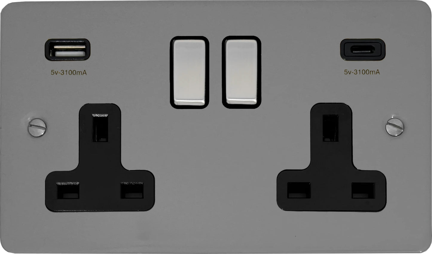 Flat Light Grey 2 Gang Socket C/W USBC Ports