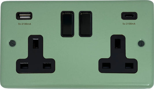 Classic  Sage Green  2 Gang Socket with USBC (Black Switches)