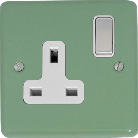 Classic Sage Green 1 Gang Switched Socket (Satin Chrome Switch/White Insert)