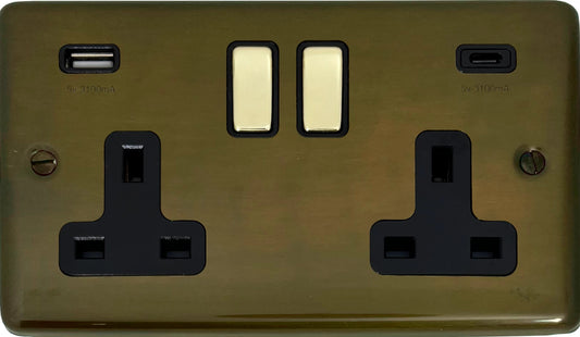 Contour Medium Bronze 2 Gang Socket C/W USBC - Contour range electrical USB-C socket