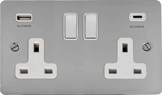 Flat Polished Chrome 2 Gang Socket C/W USBC Ports