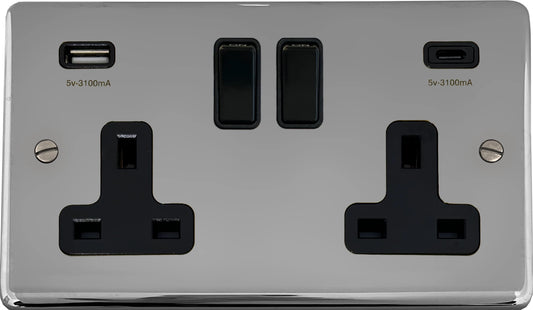 Contour  Polished Chrome 2 Gang Socket with USBC