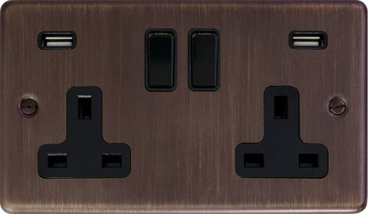 Contour  Antique Copper 2 Gang Socket with USB