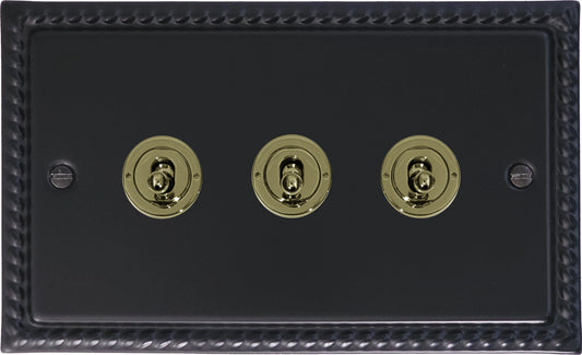 Georgian Flat Black 3 Gang Toggle Switch (Brass Toggles)