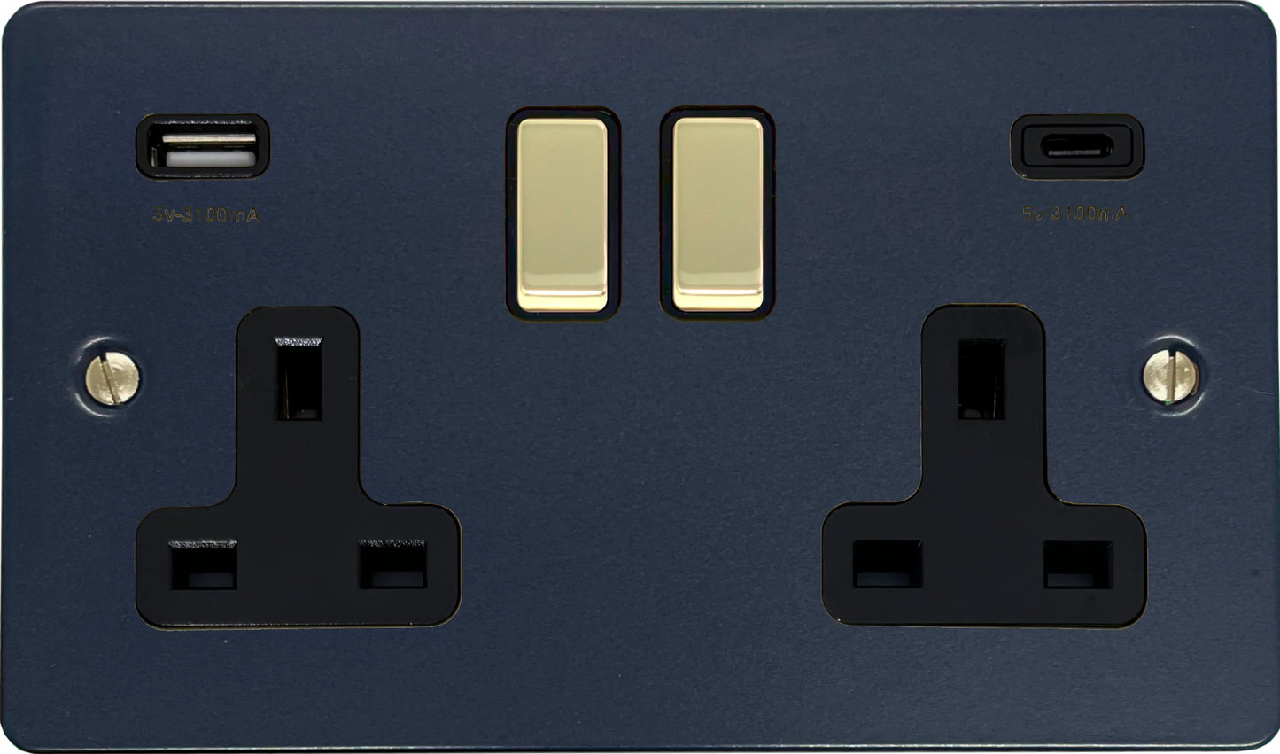 Flat Blue 2 Gang Socket with USBC (Polished Brass Switches/Black Inserts)