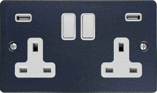 Flat Blue 2 Gang Socket with USB (White Switches)