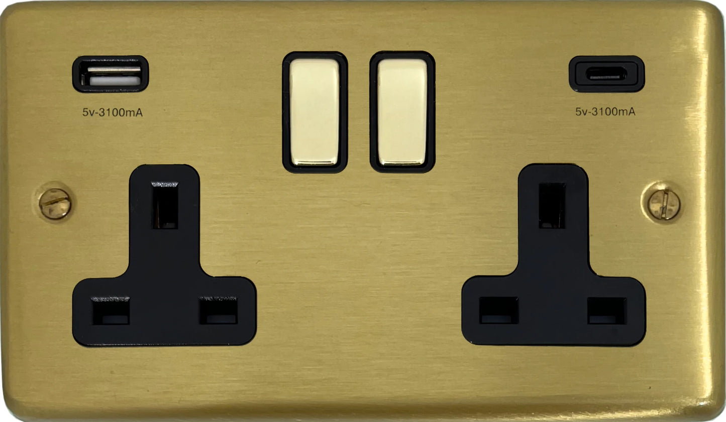 Contour Satin Brass 2 Gang Socket C/W USBC Ports