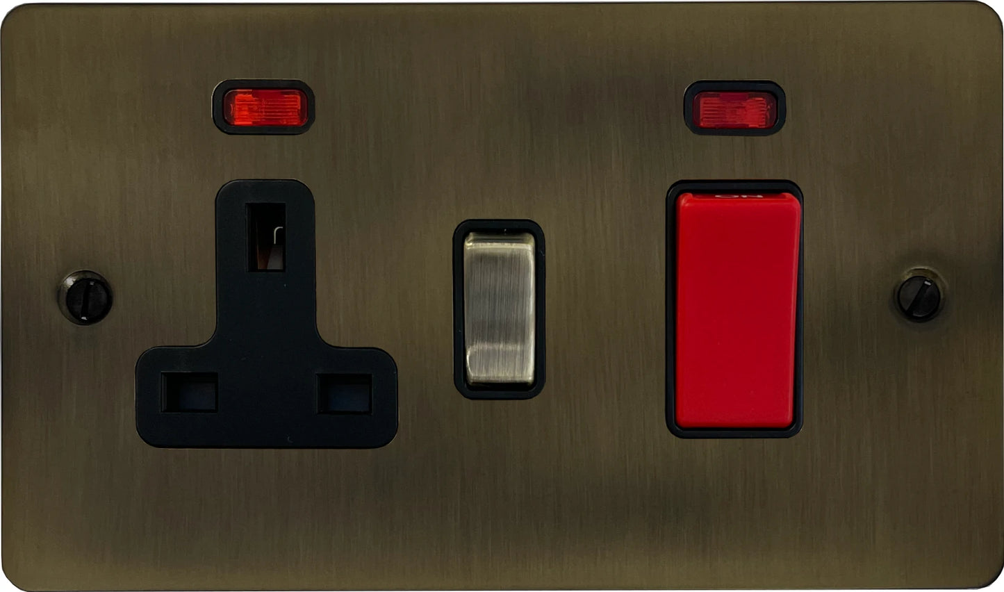 Flat Antique Brass 45 Amp Cooker Switch and Socket (Black Switch)