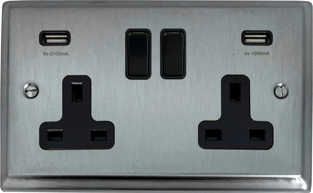 Deco Satin Chrome  2 Gang Socket with USB