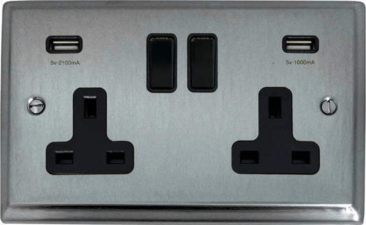 Deco Satin Chrome  2 Gang Socket with USB