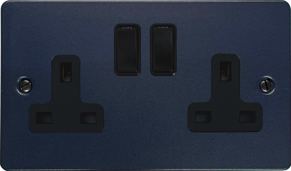 Flat Blue 2 Gang Socket (Black Switches)