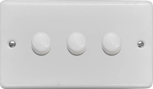 Contour Flat White 3 Gang Dimmer LED - White Caps