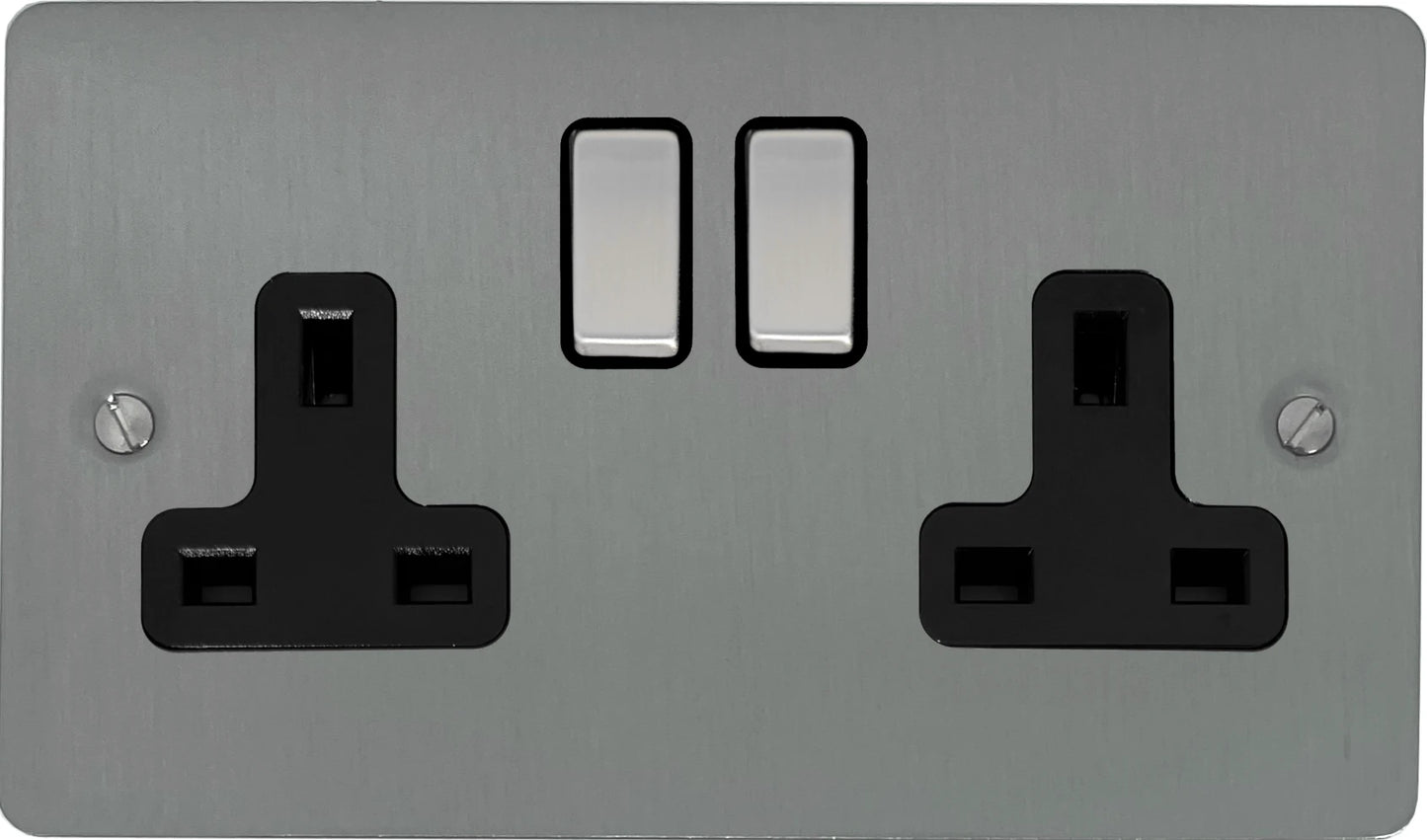 Flat  Brushed Steel  2 Gang Socket