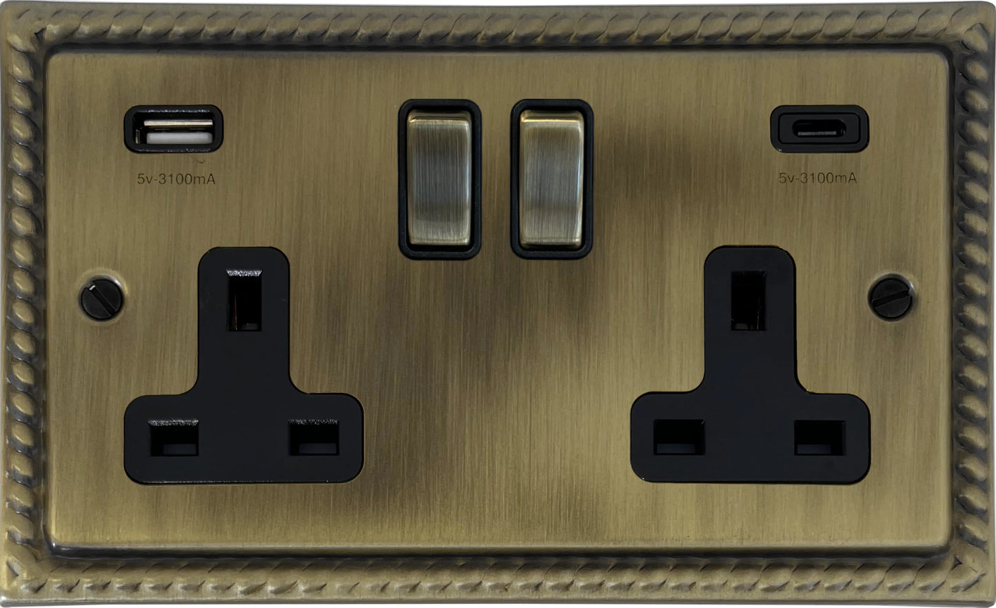Georgian Light Antique Brass 2 Gang USBC Socket (Brass Switches)