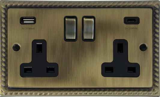 Georgian Light Antique Brass 2 Gang USBC Socket (Brass Switches)