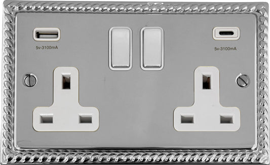 Georgian Polished Chrome 2 Gang Socket C/W USBC Ports