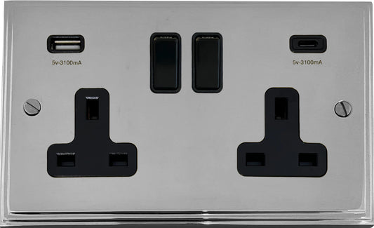 Victorian  Polished Chrome  2 Gang Socket with USBC