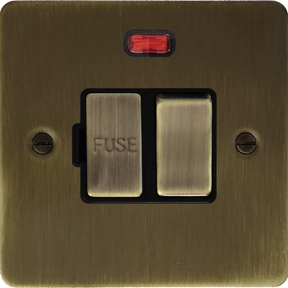 Flat Antique Brass Switched Fuse Spur with Neon (Brass Switch)