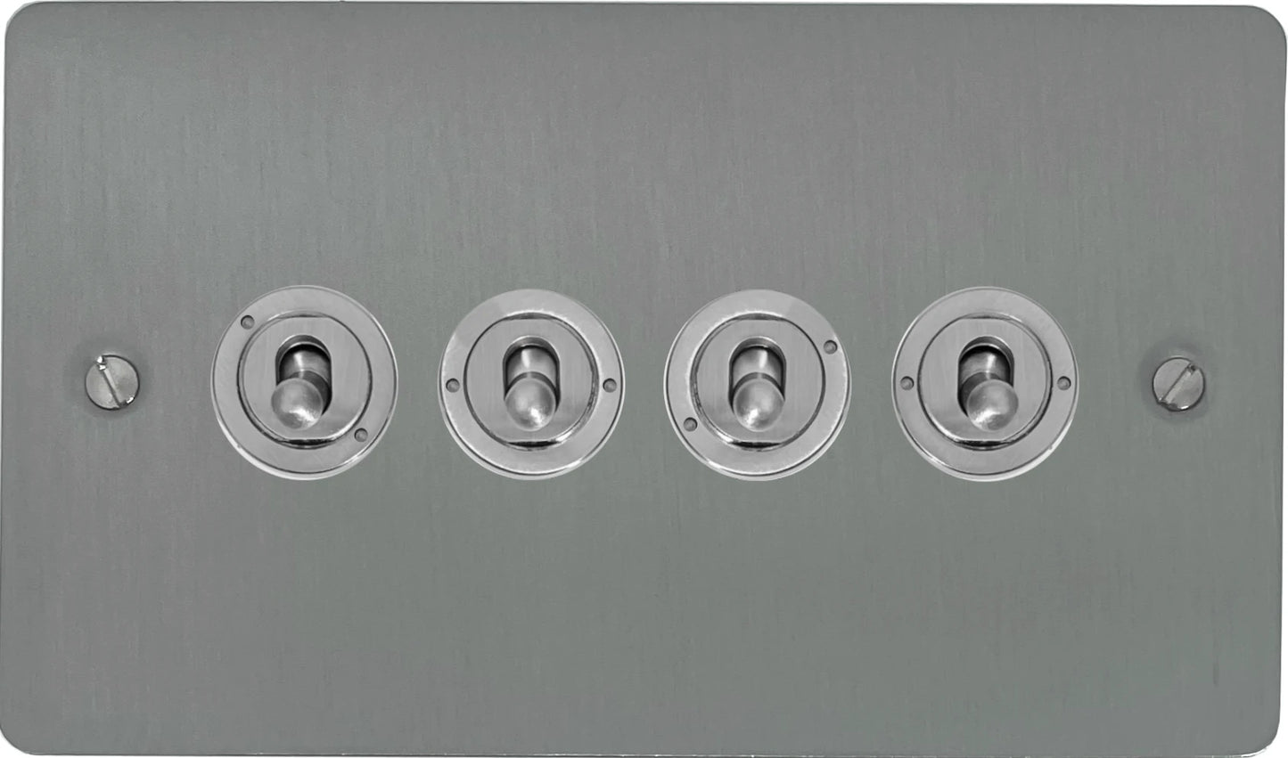 Flat Brushed Steel 4 Gang Toggle Switch