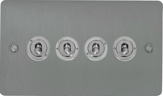 Flat Brushed Steel 4 Gang Toggle Switch