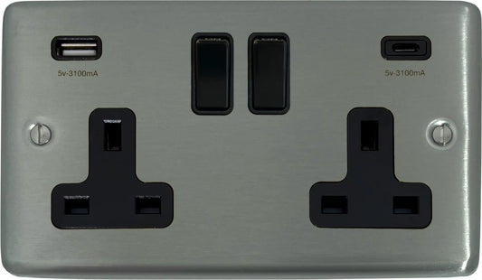 Contour  Brushed Steel  2 Gang Socket with USBC – Designer Sockets
