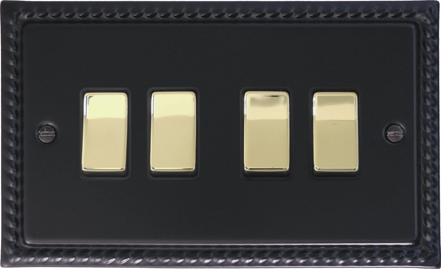 Georgian Flat Black 4 Gang Switch (Brass Switches)