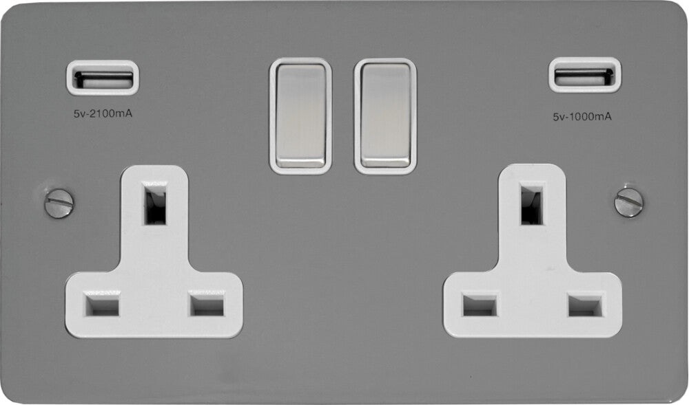 Flat Light Grey 2 Gang Socket C/W Usb Ports
