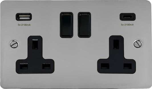 Flat Polished Chrome 2 Gang Socket with USBC