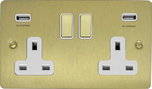 Flat Satin Brass 2 Gang Socket C/W Usb Ports