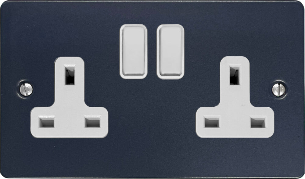 Flat Blue 2 Gang Socket (White Switches)