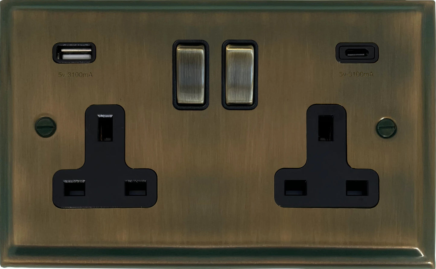 Deco Antique Brass 2 Gang USBC Socket (Brass Switches)