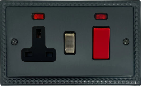 Georgian Black Bronze 45 Amp Cooker Switch and Socket (Antique Brass Switch)
