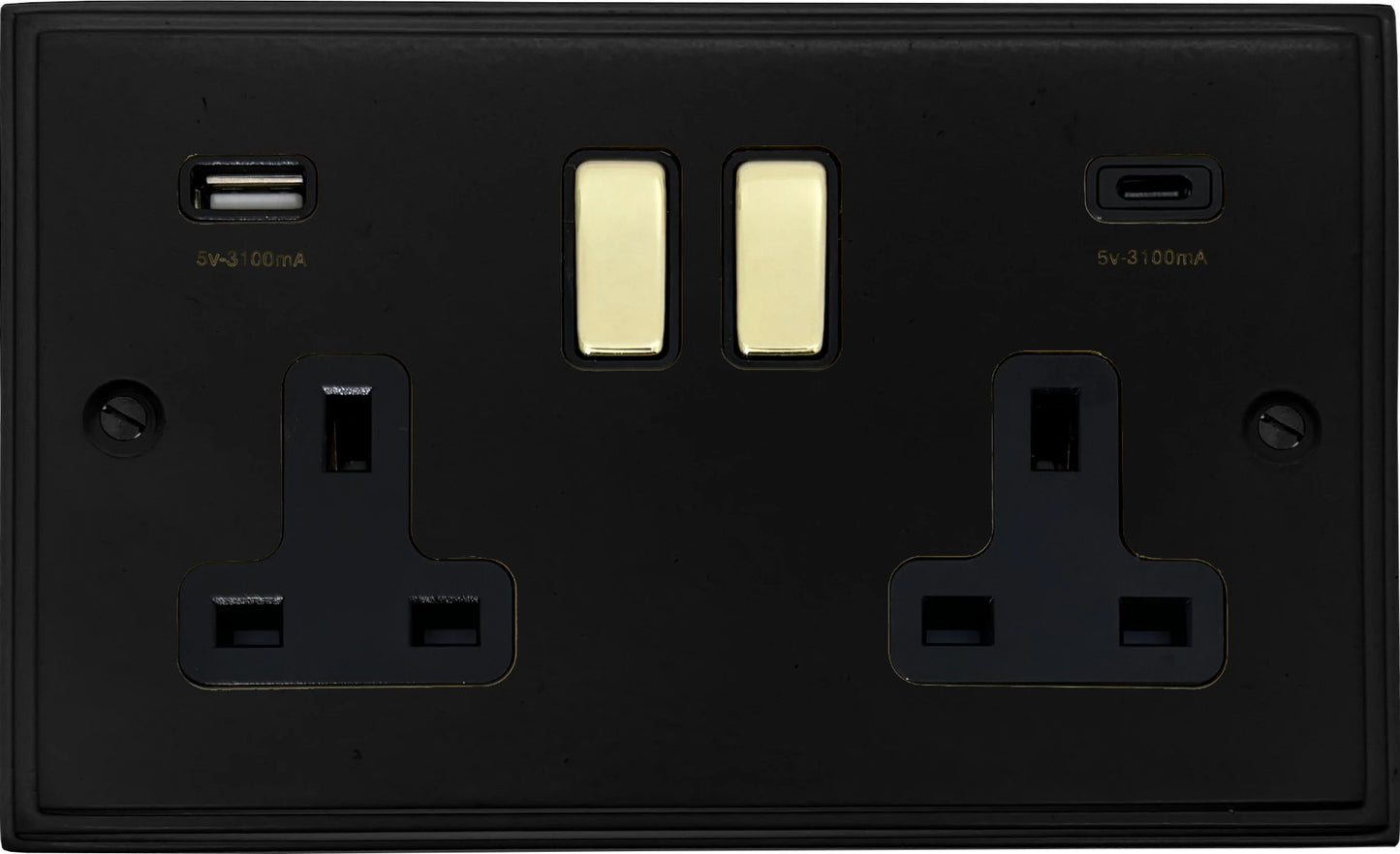 Victorian Flat Black 2 Gang Socket C/W USBC Ports