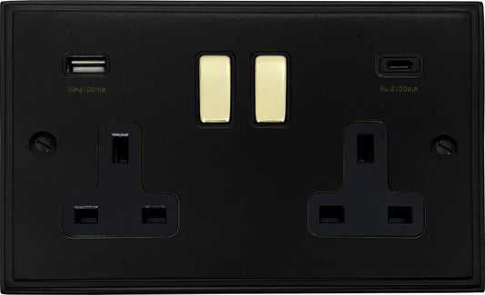 Victorian Flat Black 2 Gang Socket C/W USBC Ports