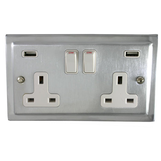 Victorian Satin Chrome 2 Gang Socket C/W Usb Ports