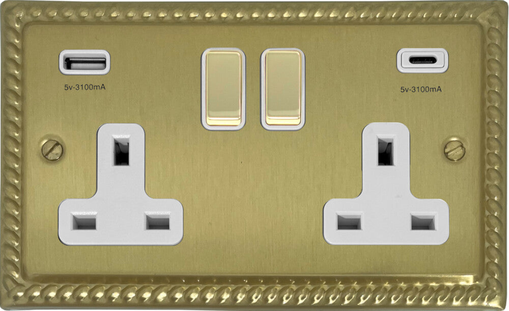 Georgian Satin Brass 2 Gang Socket C/W USBC Ports