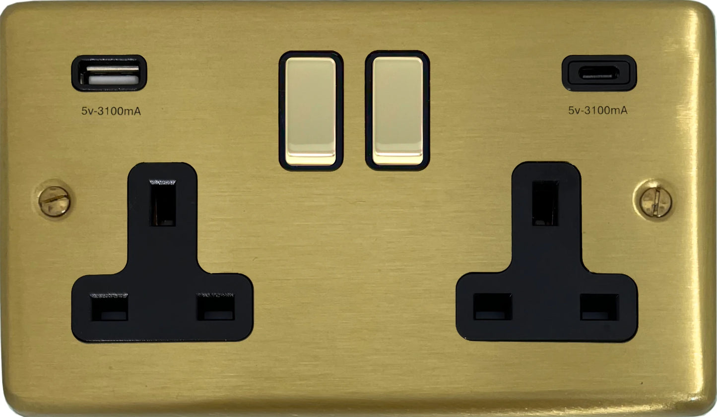 Contour Satin Brass 2 Gang Socket C/W USBC Ports