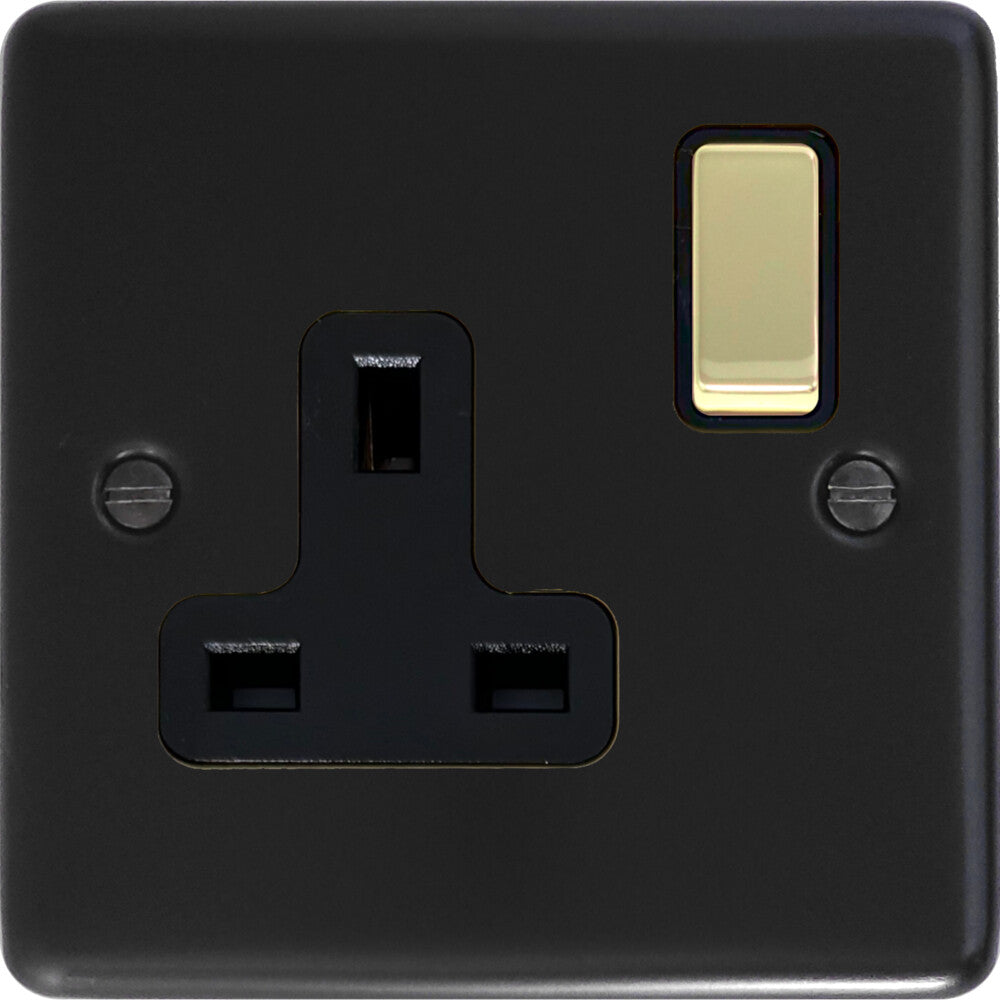 Contour Flat Black 1 Gang Socket (Brass Switch)