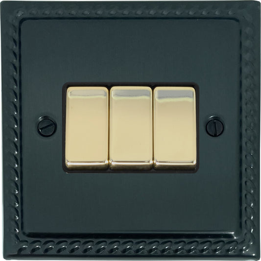 Georgian Black Bronze 3 Gang Switch (Polished Brass Switches)