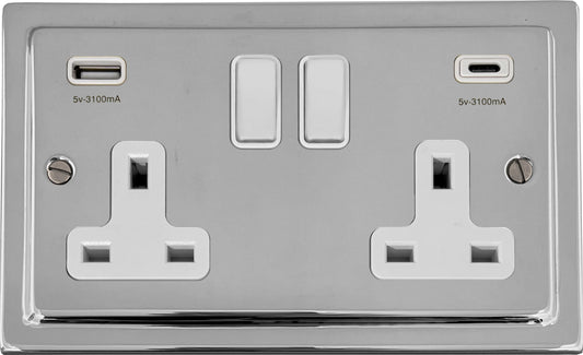 Victorian Polished Chrome 2 Gang Socket C/W USBC Ports (White Plastic)