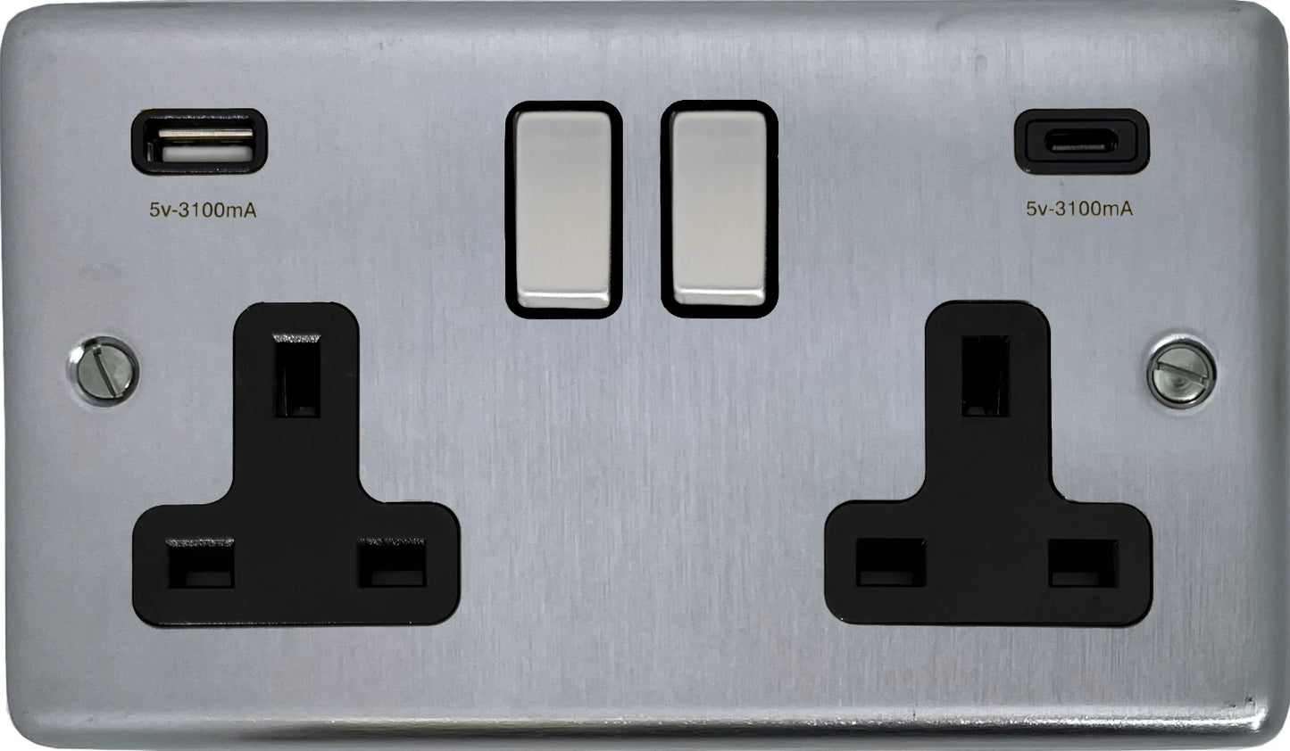Contour Satin Chrome 2 Gang Socket C/W USBC Ports