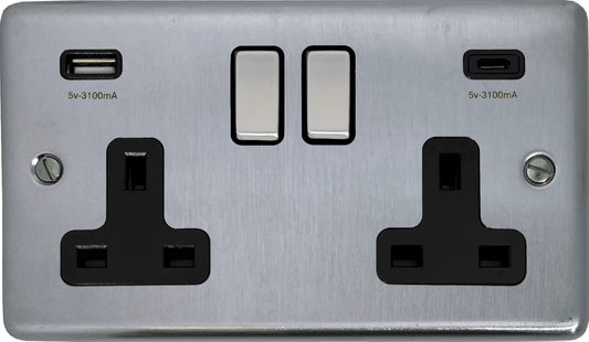 Contour Satin Chrome 2 Gang Socket C/W USBC Ports