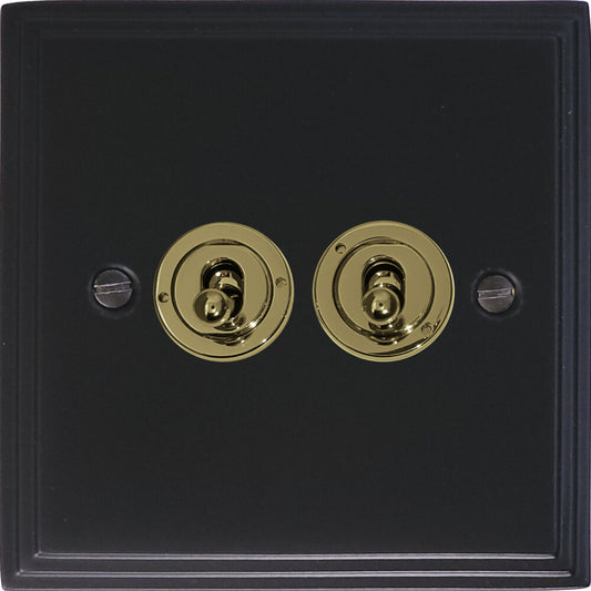 Victorian Flat Black 2 Gang Toggle (Polished Brass Toggle)