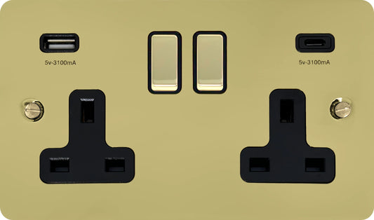 Flat Polished Brass 2 Gang Socket C/W USBC Ports