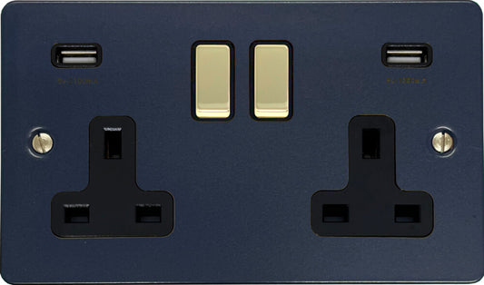 Flat Blue 2 Gang Socket with USB (Polished Brass Switches/Black Inserts)