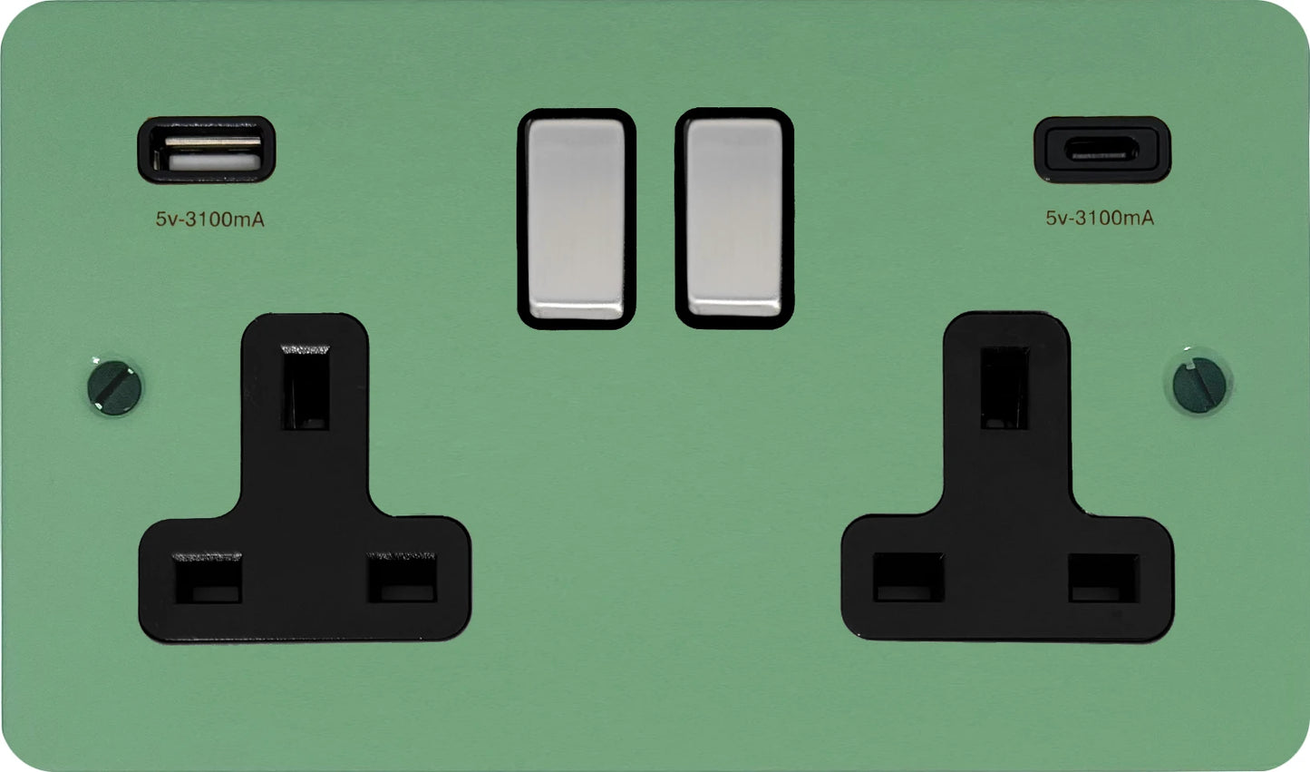 Flat Sage Green 2 Gang Socket with USBC (Satin Chrome Switch/Black Insert)